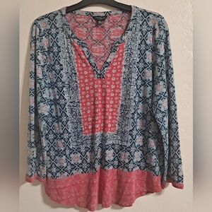 Lucky Brand Flowy Blue and Pink Patterned Women's Tunic Blouse